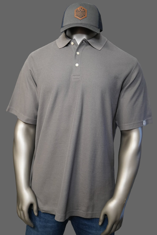 Graphite polo shirt and cap against a gray background